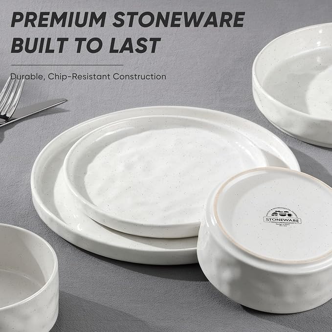 E-far Stoneware Dinnerware Set, 12-Piece White Plates and Bowls Sets for 4 | Modern Ripple Design Dishes Set for Kitchen Dining, Chip & Scratch Resistant, Microwave & Dishwasher Safe, Speckled White