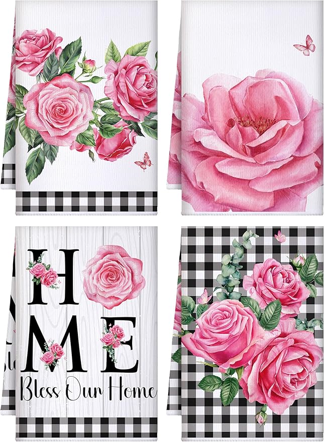 4 Pcs Pink Rose Kitchen Towels Floral Hand Tea Towels Gifts | Buffalo Plaid Absorbent Dishcloth Fast Drying Decor Housewarming Gift for Women Mom Cooking Kitchen Bathroom