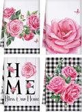 4 Pcs Pink Rose Kitchen Towels Floral Hand Tea Towels Gifts | Buffalo Plaid Absorbent Dishcloth Fast Drying Decor Housewarming Gift for Women Mom Cooking Kitchen Bathroom