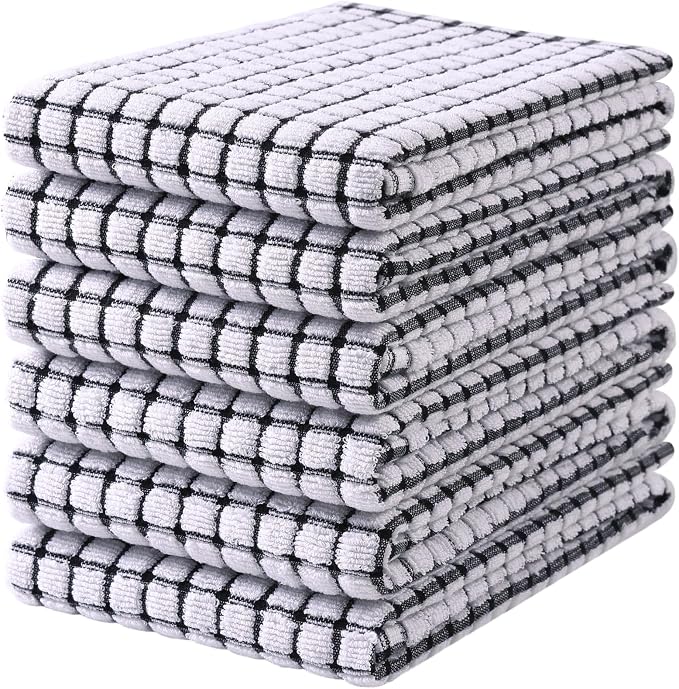 Mordimy Premium Cotton Kitchen Towels 16"x 25", Black Check Design, 6 Pack | Super Absorbent Terry Kitchen Hand Towels, Large Natural Ring Spun 360 GSM Dish Towels, Soft Tea Towels with Hanging Loop