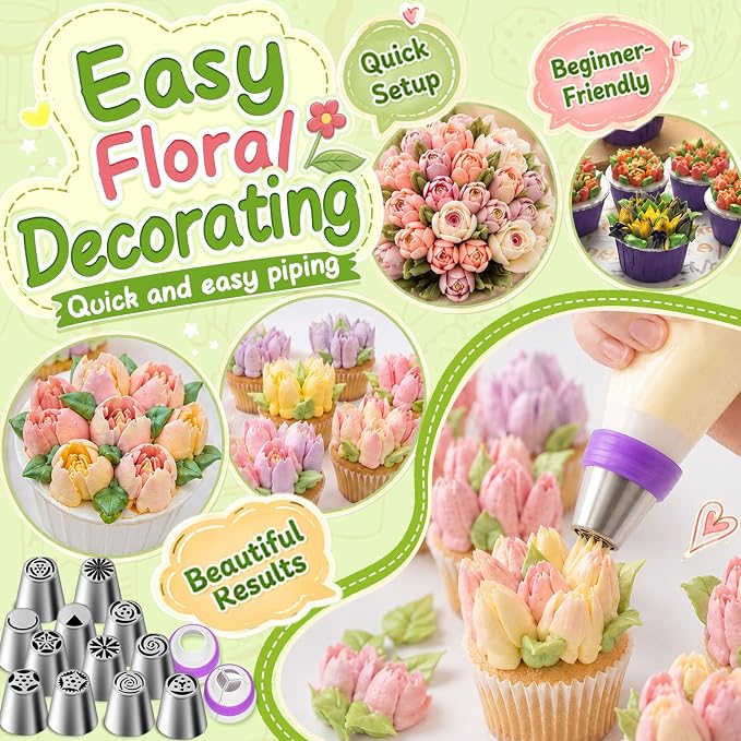 Suuker 27 Pieces Russian Piping Tips Set | 12 Icing Tips, 10 Pastry Baking Bags, 2 Leaf Piping Tips, 2 Couplers, 1 Silicone Bag