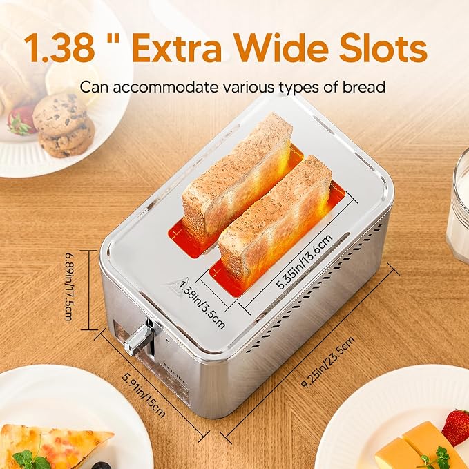 Trisiko® Touch Screen Toaster 2 Slice, 900W Digital Toaster with Countdown Timer, 1.38 in Wide Slots, 6 Browning Levels, Bagel, Defrost, Reheat, Cancel, Crumb Tray, Cord Wrap-Stainless Steel