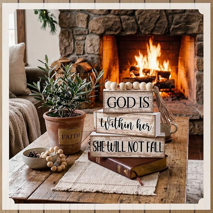 Lineshading 4 Pcs Wooden Blocks God Is Within Her Farmhouse Decor | Stacked Block Signs with Beads Tassel, Whitewash Finish, Tiered Tray Decor, Faith Gift for Women, She Will Not Fall