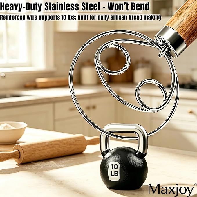 Maxjoy Danish Dough Whisk Stainless Steel Wood Handle for Sourdough Bread | 2-Eye No-Clump Dutch Whisk, Food-Safe Steel Head, Non-Slip Wood Grip, Hand Dough Mixer, Dishwasher Safe, for Sourdough Baking