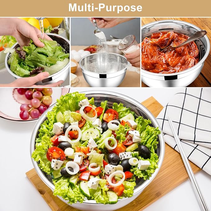 E-far Mixing Bowls with Lids Set, 6-Piece Stainless Steel Salad Bowls | Metal Nesting Cooking Bowls with Airtight Lid for Kitchen Storage, Baking & Prepping, Dishwasher Safe, 1.5/3/4.5 QT, Khaki