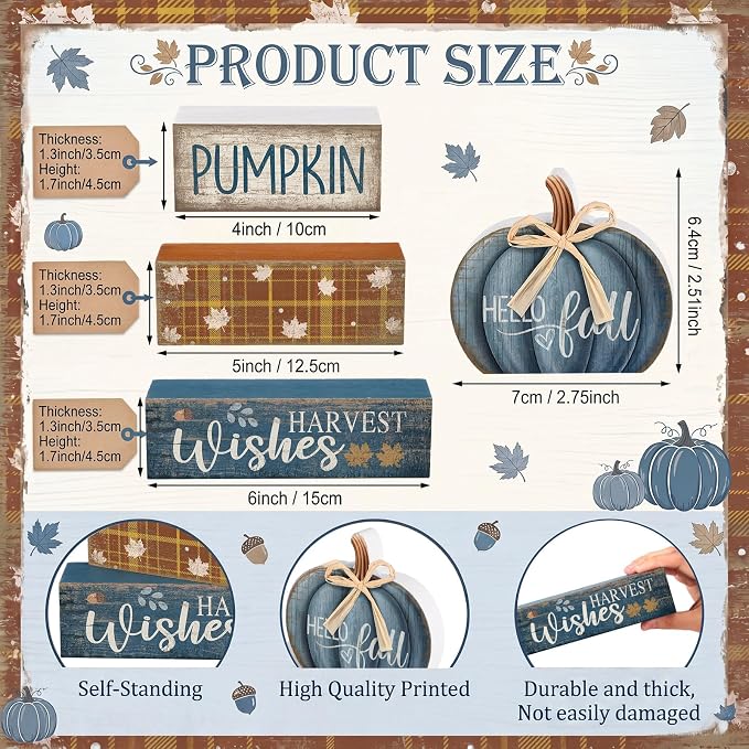 Lineshading 4 Pcs Blue Pumpkin Wooden Block Signs Fall Farmhouse Decor | Tiered Tray Tabletop Centerpiece, Harvest Wishes Thanksgiving Display, Rustic Stacked Signs with Buffalo Plaid Bow Accent