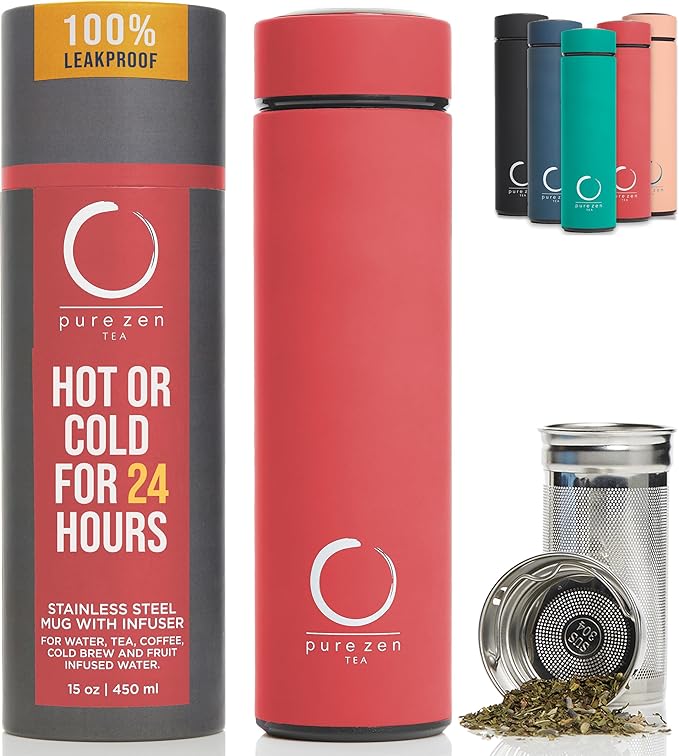 Pure Zen Tea Insulated Tea Infuser Bottle, 15 oz, Tea Thermos with Infuser | Leakproof, Hot and Cold 24 Hrs - for Tea, Coffee and Water, Stainless Steel, Tea Gift Set, Tea Tumbler with Infuser, Blue