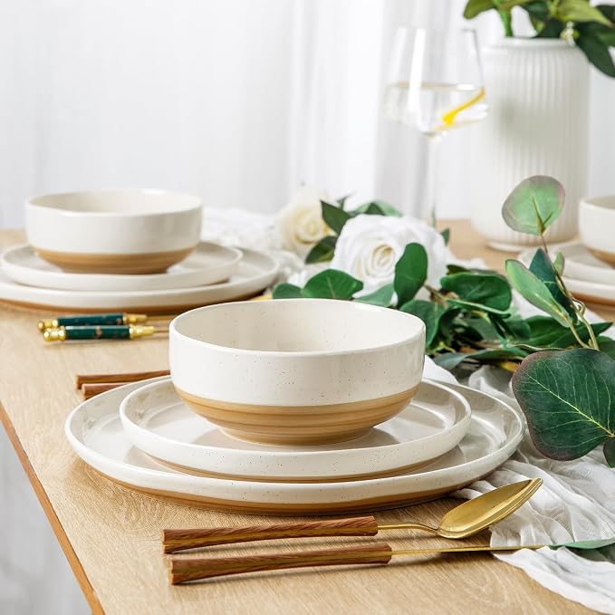 AmorArc Dinnerware Sets for 6, 18 Pieces Ceramic Plates and Bowls Set | Scratch Resistant Stoneware Dishes Set, Dishwasher & Microwave Safe, Light Beige