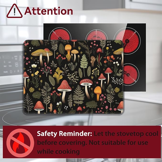 Retro Mushroom Stove Top Cover Glass Cooktop Heat Resistant Cover,Forest Plant Moth Ceramic Stove Top Covers Mat Prevents Scratching Stoves/Counter/Washer Protector, 28x20 in