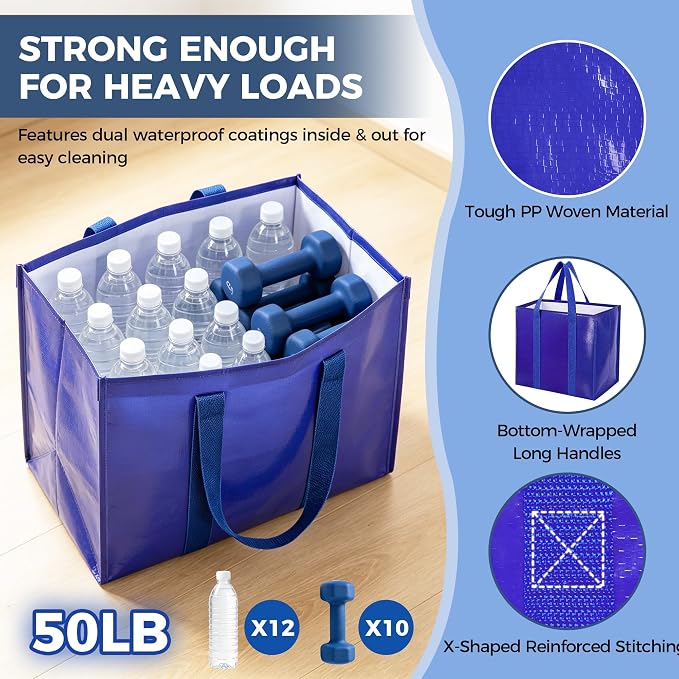 Reusable Grocery Bags, Waterproof & Foldable Shopping Bags Stand Upright | Heavy Duty Shopping Tote Bags, Waterproof & Foldable with Long Handles for Bulk Shopping, Versatile Storage 3 Pack-33L