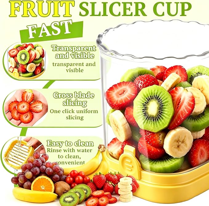 Hendiy Strawberry Slicer with Stainless Steel Blades | Egg & Fruit Slicer Cup for Banana, Cucumber, Mushroom | ABS Detachable Kitchen Gadget - Precision Berry Cutter Tool (Yellow, 1-Pack)