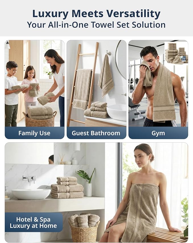 LANE LINEN Bathroom Towel Set 6 Piece Soft Absorbent Quick Dry - Taupe | Cotton Towel Set - Coordinated Colors, Dobby Border Accent, OEKO-TEX Certified, Zero-Twist Durability, Zero-Twist Cotton