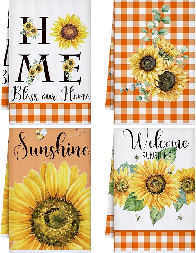 4 Pcs Sunflower Kitchen Towels Burnt Orange Hand Dish Towels Gift | Absorbent Sunshine Grid Fast Drying Tea Dishcloth Housewarming Gift for Cooking Bathroom Kitchen Decor