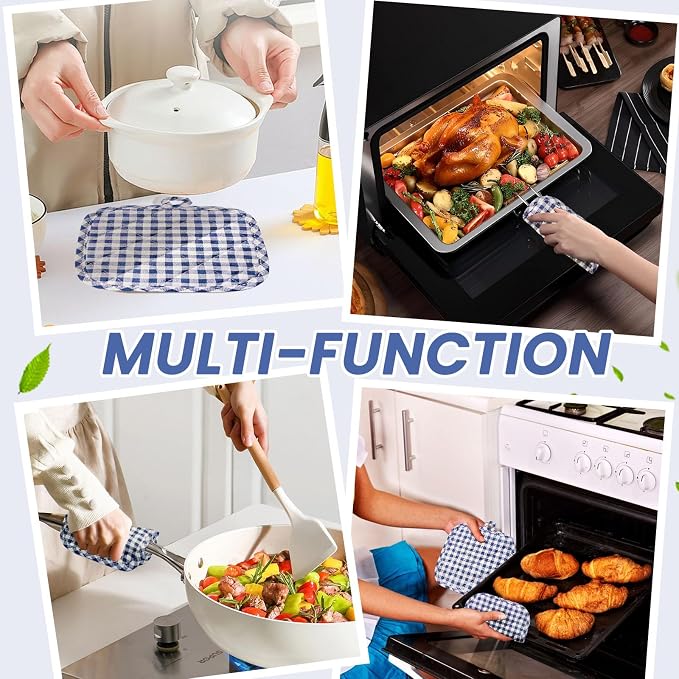 4pcs Pot Holders for Kitchen, Cotton Kitchen Hot Pads, Heat Resistant Oven Mitts and Pot Holders Sets (Blue Tartan)