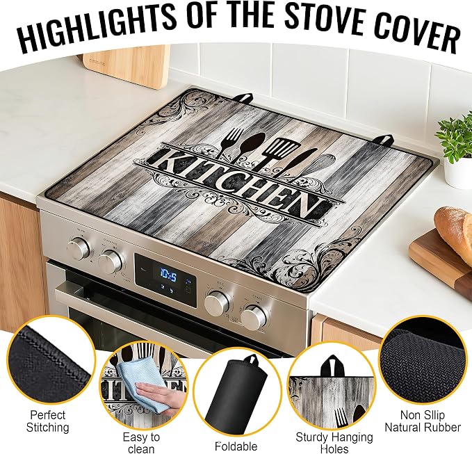 NYZE Extra Counter Space Stove Cover for Glass Top Stoves, 28" x 20" Vintage Kitchen Decorative Cooktop Protector, Heat Resistant Mat Pad for Kitchen Organization