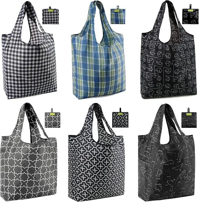 BeeGreen Reusable Shopping Bags Cute Grocery Bag 6 Pack, Reusable Gift Bags Heavy-Duty Foldable Shopping Totes for Supermarket, Work & Travel, Large Washable Polyester Tote Bag with Handles