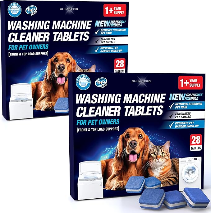 Washing Machine Cleaner Pro Tablets for Pet Owners, 56 Pack, Front/Top Load | Remove Stubborn Pet Hair, Washer Deep Cleaning, Septic Tank Safe, HE Support, Eliminates Pet Smells, Prevents Dander Build-up