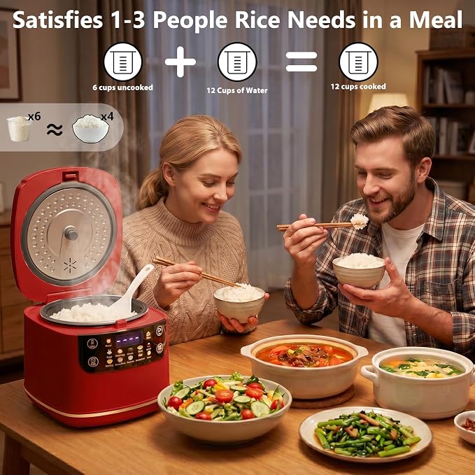 Portable Digital Rice Cooker, 6-Cup (Uncooked)/12-Cup (Cooked) Small Rice Maker with Steaming Basket, Mini Rice Cooker with 2L Removable Nonstick Inner Pot, 10 Menu Options, Auto Keep Warm, 24 Hour Delay Timer (Dark Red)
