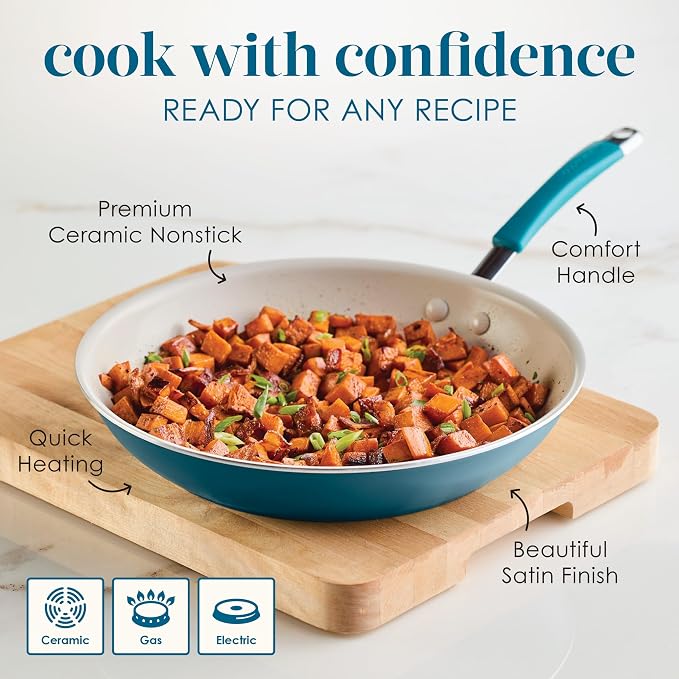 Rachael Ray Cucina Ceramic Nonstick Frying Pan/Skillet, 12.5 Inch Non Stick Open Fry Pan, Dishwasher Safe - Marine Blue