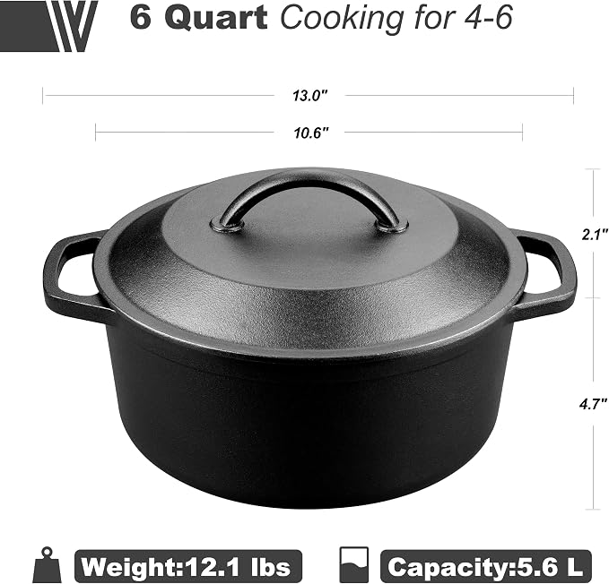 VORRINGARD Pre-Seasoned Cast Iron Dutch Oven with Lid, Round and Dual Handles, for Stovetop, Camping, Grill, Induction, Electric, Black, 6qt