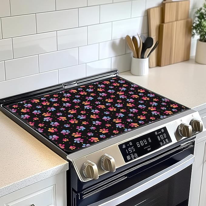 Colorful Animal Paw Prints Stove Top Cover,Glass Cooktop Heat Resistant Ceramic Stove Top Covers Mat Prevents Scratching Stoves/Counter/Washer Protector,28x20 in