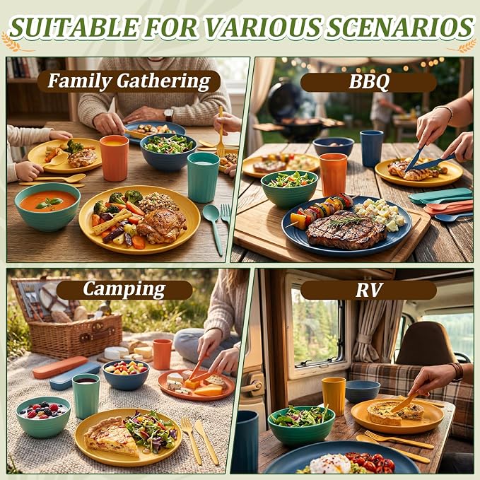 PYRMONT Wheat Straw Dinnerware Sets Unbreakable Dish Set for 4 Dishwasher & Microwave Safe Plates and Bowls Sets 28 PCS Alternative Plastic Dishes Set for Camping,Picnic,BBQ-Colorful