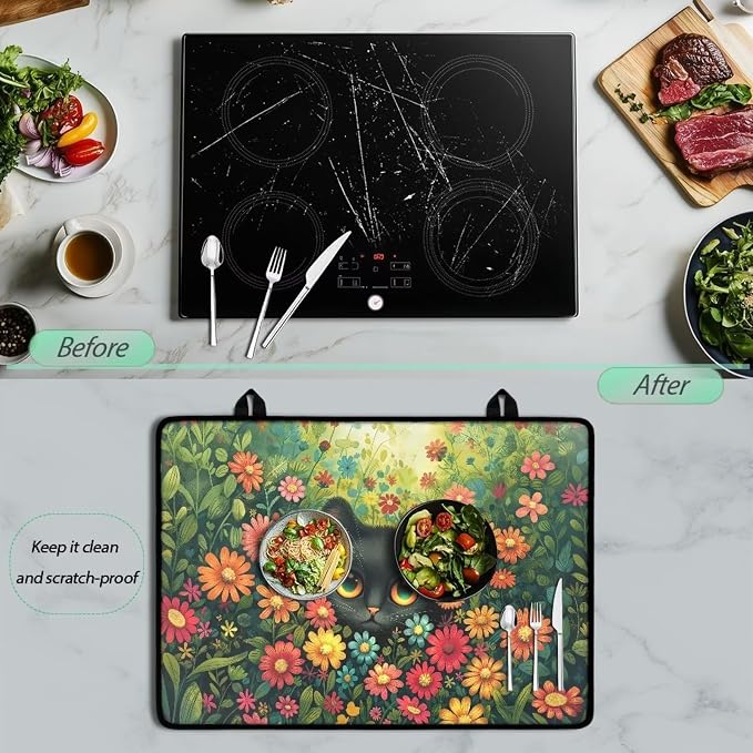 Black Cat Daisy Sunflower Plant Print Electric Stove Top Cover Dust Protection Glass Cooktop Protector Anti-Slip Range Covers with Lanyards Dish Drying Mat, 29.18 x 20.96 inch