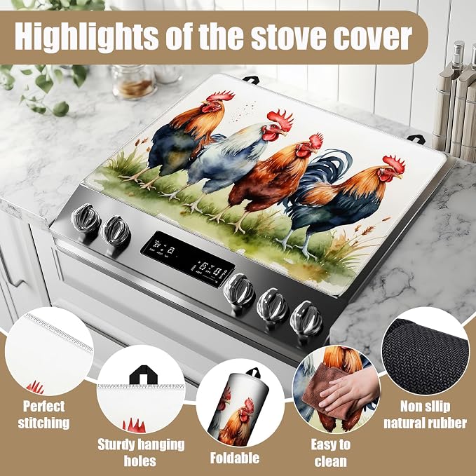 Rustic Rooster Stove Top Covers for Electric Stove,Farmhouse Electric Gas Stove Pad Heat Resistant Range Cooktop Protector for Home Decor Kitchen 28"x20"