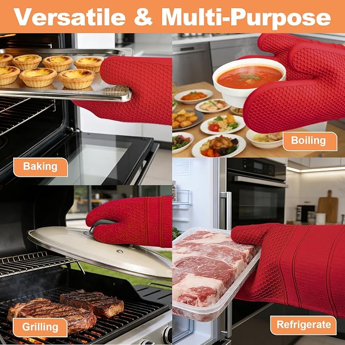 YUTAT Silicone Oven Mitts,Heat Resistant 2PCS Oven Mitts with Soft Polyester Filling,Kitchen Potholder Set - Perfect for BBQ, Baking and Cooking,RED,2 Pcs Set