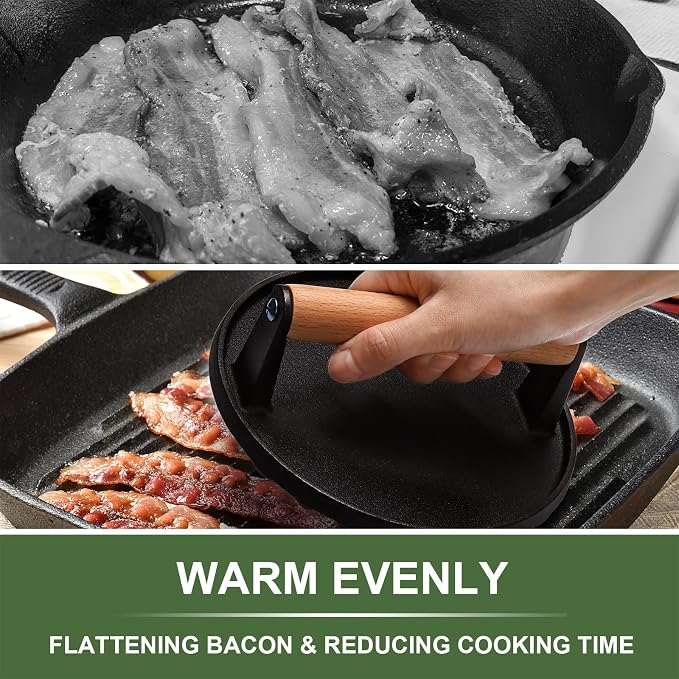 Burger Press, 7" Round & 8.2"X4.3" Rectangle Heavy-Duty Cast Iron Smash Bacon Press Meat Steak With Wood Handle for Griddle, Sandwich, Nonstick Pan