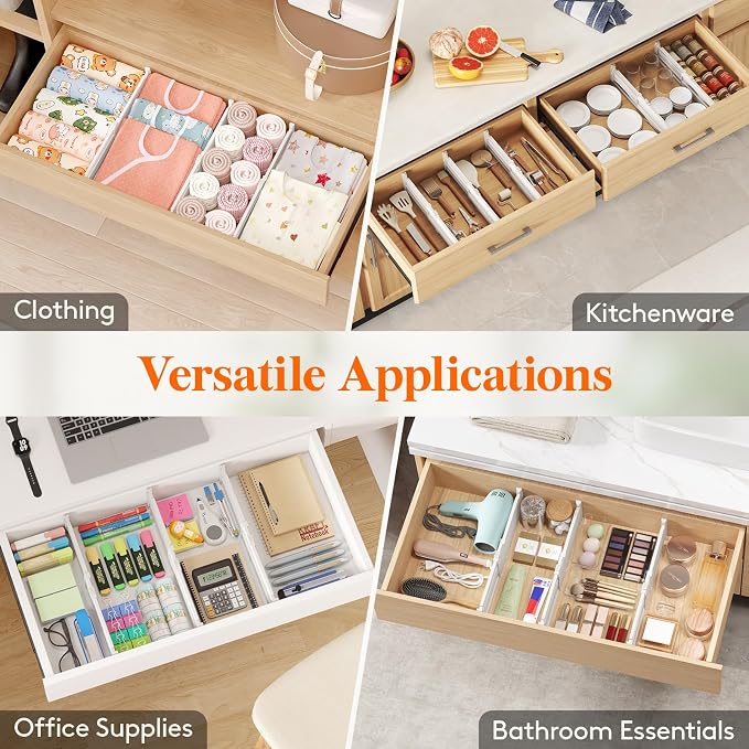 Lifewit 14 Pack 4" High Drawer Divider, Adjustable Drawer Organizer Clothes | 10.5"-16.5" Expandable White Plastic Separators for Dresser, Kitchen, Cabinet, Nursery, Office, Socks & Underwear Storage