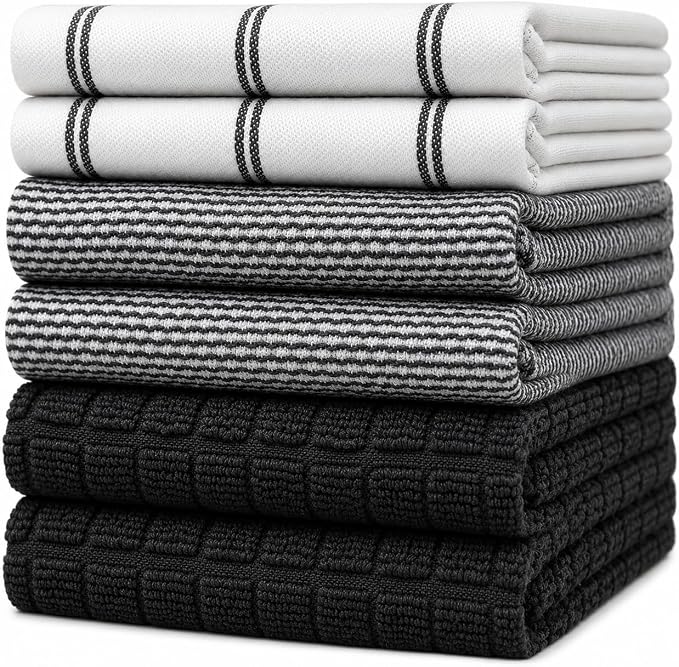 Premium Kitchen Towels 6 Pack 100% Cotton 20"x28" Dish Towels Black Check | Large Flat & Terry Kitchen Linen Set with Hanging Loops, Highly Absorbent for Washing and Drying Dishes