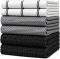 Premium Kitchen Towels 6 Pack 100% Cotton 20"x28" Dish Towels Black Check | Large Flat & Terry Kitchen Linen Set with Hanging Loops, Highly Absorbent for Washing and Drying Dishes