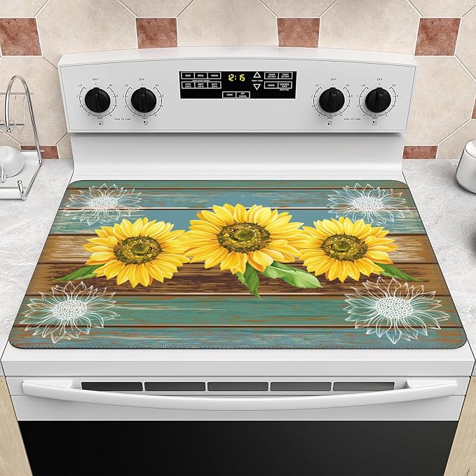 Stove Top Cover for Electric Stove 28" x 20" Sunflower Wood Grain Glass Flat Top Stove Mat Oven Induction Cooktop Mat for Ceramic Countertop Mats Heat-Resistant Dish Drying Mat Kitchen Decorations