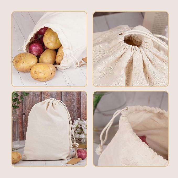 Marubhumi Cotton Storage Bags with Drawstrings Medium 8x10 Inch- 12 Pcs Reusable Muslin Bulk Flour Sack Bag,Cotton Fabric Bread Bags Bulk Food Produce Natural Storage Bag