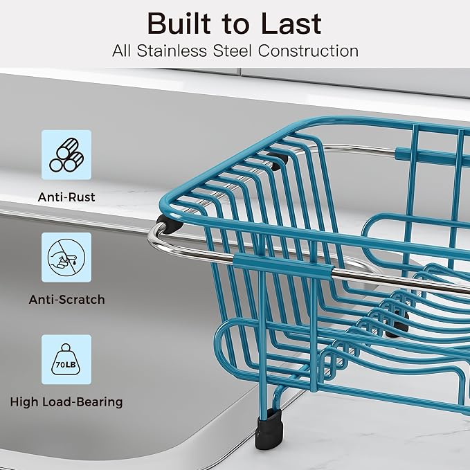 JASIWAY Blue Dish Drying Rack in Sink with Utensil Holder, RV, Apartment | Over Sink Expandable Stainless Steel Dish Drainers for Compact Kitchen, Space Saving, Fast Drain, Rustproof, For 1-2 people