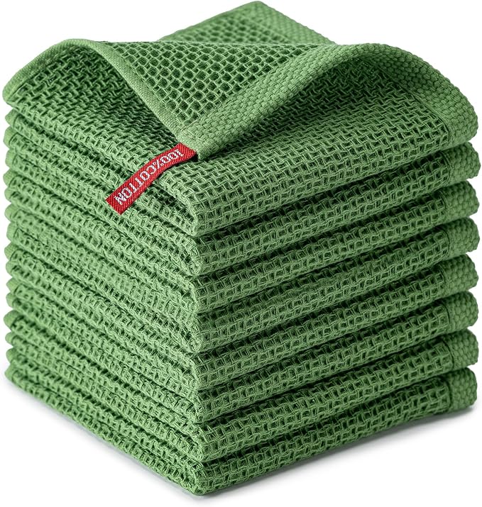 Kitchen Towels 8-Pack Kitchen Dish Cloths,100% Cotton,12x12 In,Grass Green | Towels Waffle Weave,Ultra Soft Absorbent, Quick Drying