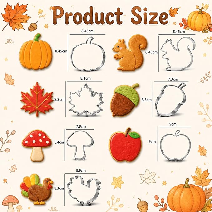 Fall Thanksgiving Cookie Cutters - 7PCS Stainless Steel Biscuit Molds | Fall Party Favors Decorations Kit Shaped in Pumpkin Acorn Turkey Fall Leaves | Fall Decor Food Baking Supplies for Kitchen