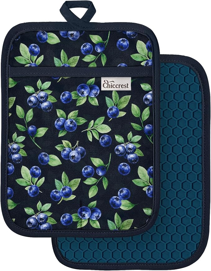 100% Cotton Pot Holders Textured Soft Silicone Blueberry | Stylish Pot Holders 2pcs, Machine Washable Non-Slip Heat Resistant Hot Pads & Oven Mitts 2-in-1, Practical Kitchen Decor