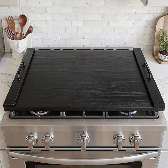 Noodle Board Stove Cover with Handles, 29.5 x 22 Inch, Black | Engineered Wood Cover for Electric and Gas Stove Tops, Raised Edge Serving Tray for Extra Counter Space