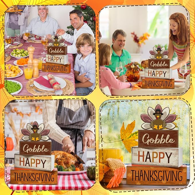 Lineshading 4 Pcs Wooden Thanksgiving Signs Tiered Tray Decor Turkey | Rustic Farmhouse Tabletop Decoration, Stacked Signs Design With Gobble Text, Fall Harvest Home Accents For Mantel Shelf