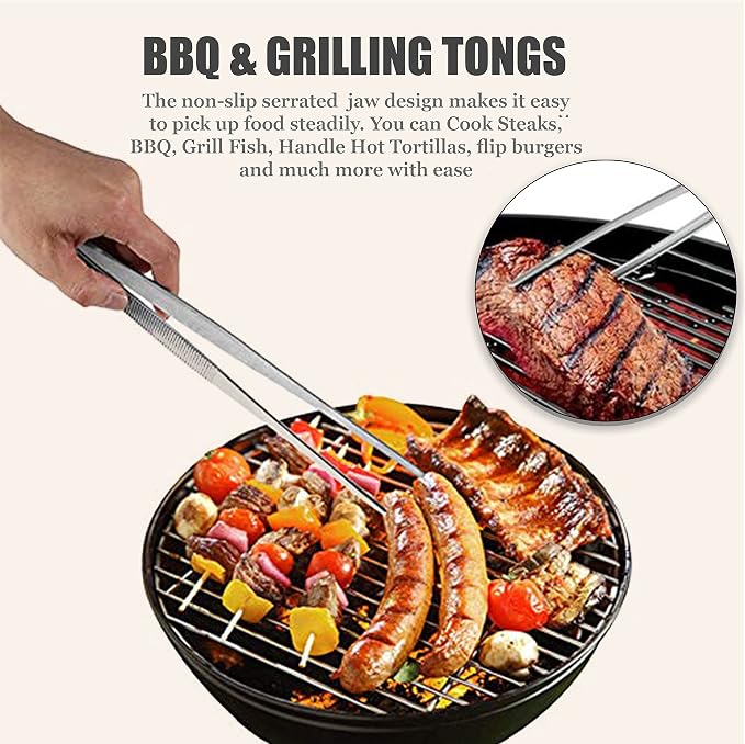 Professional Culinary Stainless Steel Precision Tongs with Serrated Tips, Plating/Food Presentation Detailing Serving Tongs, Chef's Kitchen Tweezer Tongs - Ultra Non-Slip Grip (10 Inch)