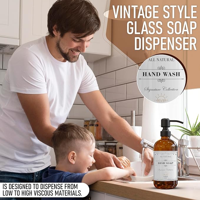 Amber Glass Soap Dispenser Matte Black with Pump, 16 oz | Amber Glass, Matte Black Stainless Steel Pump Hand and Dish,Bathroom and Kitchen Sink Use 6 Waterproof (Pack of 2)