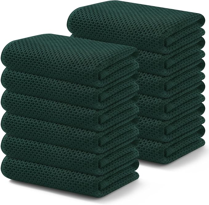 Kitinjoy Cotton Waffle 12-Pack Kitchen Towels, 13" x 28", Blackish Green | Super Soft, Ultra-Absorbent, Fast Drying, lightweight, Quick Drying Kitchen Hand Towels
