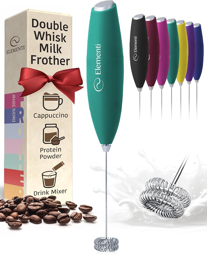 Elementi Milk Frother Wand - Easy to Use Handheld Electric Stirrer for Powder Drinks, Durable & Powerful Coffee Whisk & Protein Powder Mixer Wand, Hand Frother, Coffee Stirrers Electric (Emerald)