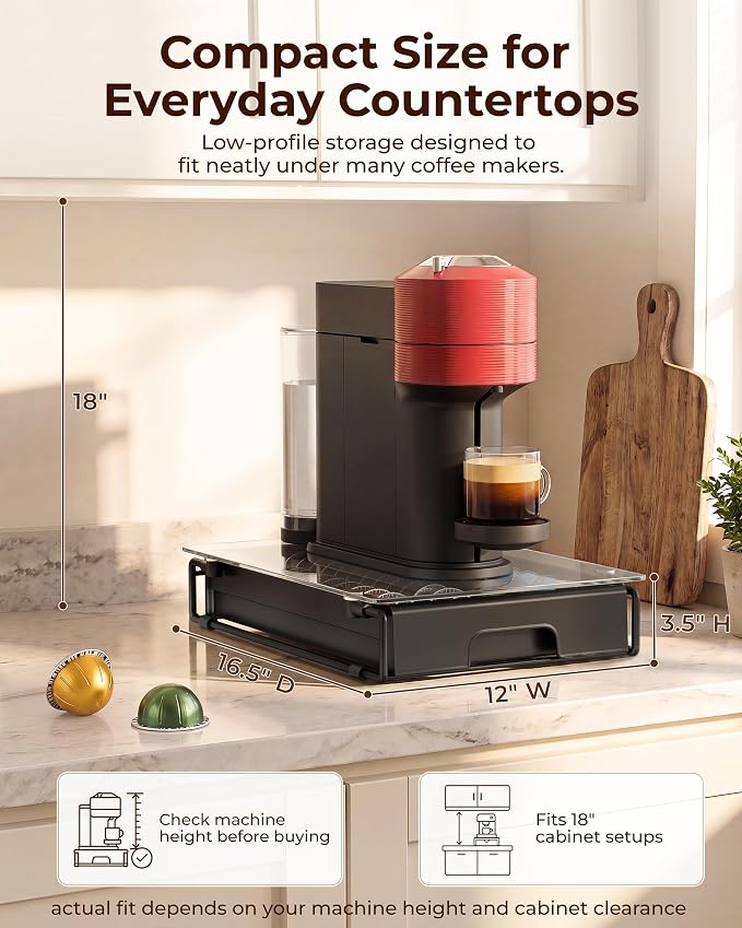 EVERIE Nespresso Vertuo Pod Holder Drawer, Coffee Pod Organizer with Universal Slots, Holds 40 Large or 52 Small Capsules, Tempered Glass Top Storage Drawer for Coffee Makers, 12" x 16.5" x 3.5"