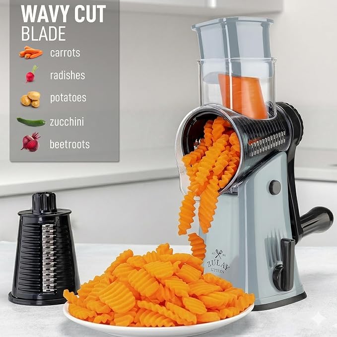 Zulay Kitchen Rotary Cheese Grater 5 Blade Cheese Shredder - Manual Hand Crank Cheese Grater With Reinforced Suction & 5 Interchangeable Drums - Easy to Use, Vegetable Chopper Round Mandoline Slicer