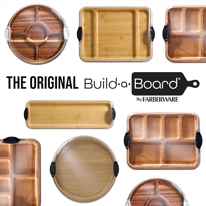 Farberware Build-A-Board Football Bamboo Charcuterie Board with Clear Locking Lid, Reversible Cutting & Serving Board, Recessed Handles, Portable Game Day Snack Tray, 11 x 14 Inch, Make It, Take It