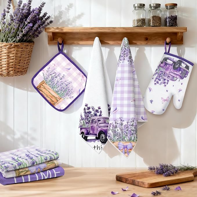 8 Pcs Lavender Spring Kitchen Towels Pot Holders and Oven Mitt Set Purple Kitchen Accessories 4 Dish Towels 2 Absorbent Square Potholders 2 Heat Resistant Glove for Cooking Baking Gift