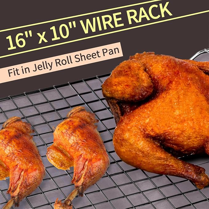 2PCS Cooling Rack for Cooking and Baking, 16" x 10" Wire Rack, Black | Thick Wire Rack, Oven & Dishwasher Safe, for Roasting, Grilling, Drying, Fits Half Sheet Pan